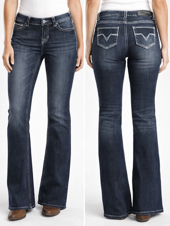Rock & Roll Cowgirl Denim - Rock & Roll Cowgirl Riding Jeans Womens Mid Rise Bootcut Dark Stone Wash Sz 28